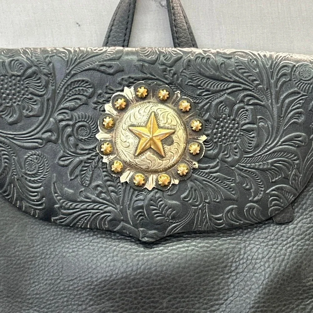 VTG Sergio's Collection Black Leather Backpack Purse Western Concho Tooled BOHO